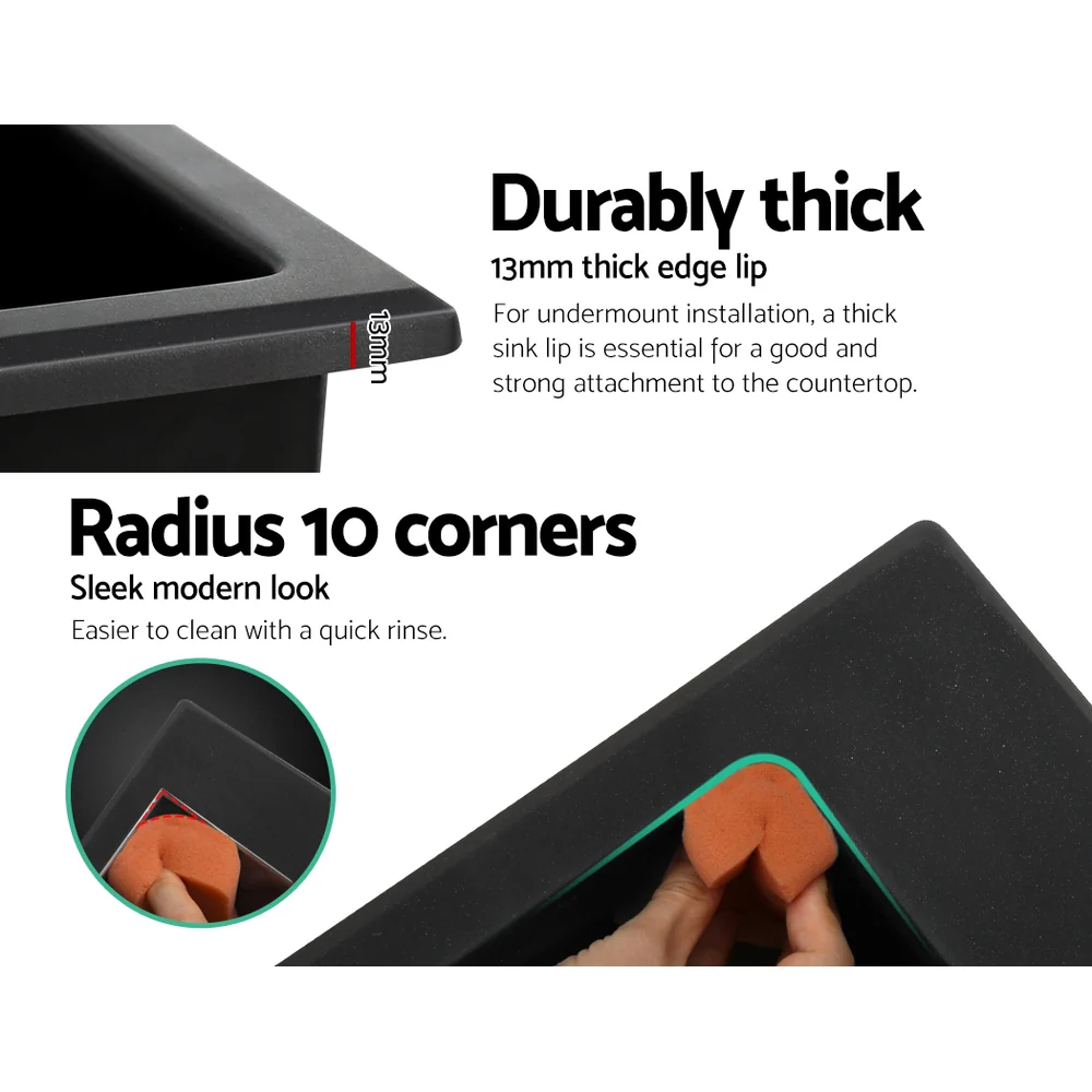 Kitchen Sink Granite Stone Sinks Basin Single Bowl Black 600mmx470mm - Nurns