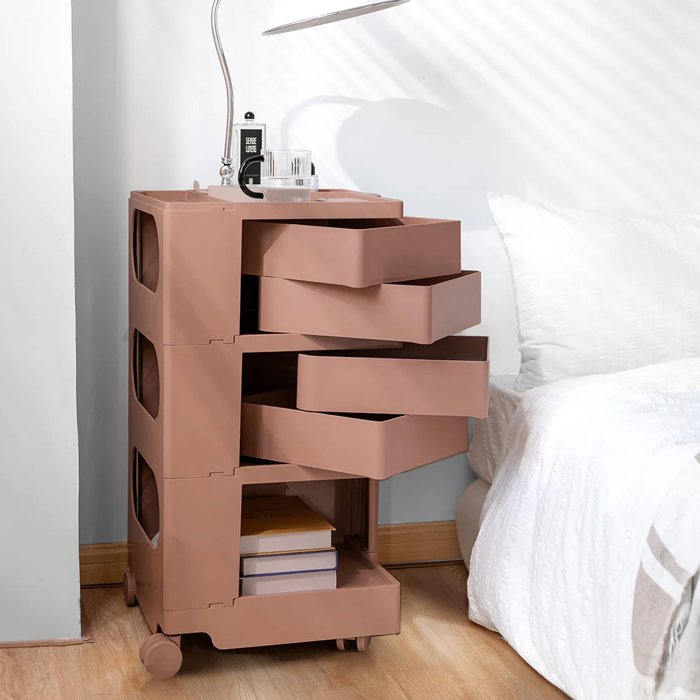Vernon PP Plastic Bedside Tables Side Tables Nightstand Organizer Replica Boby Trolley 5 Tier with 4 Drawers - Pink - Nurns