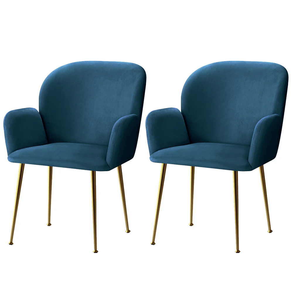 Bentley Set of 2 Dining Chairs Velvet Armchair - Blue - Nurns