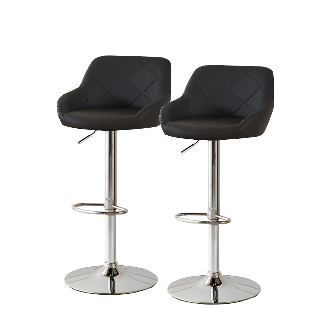 Set of 2 Tours Bar Stools Kitchen Barstools PU Leather Chairs Gas Lift Swivel - Black - Nurns