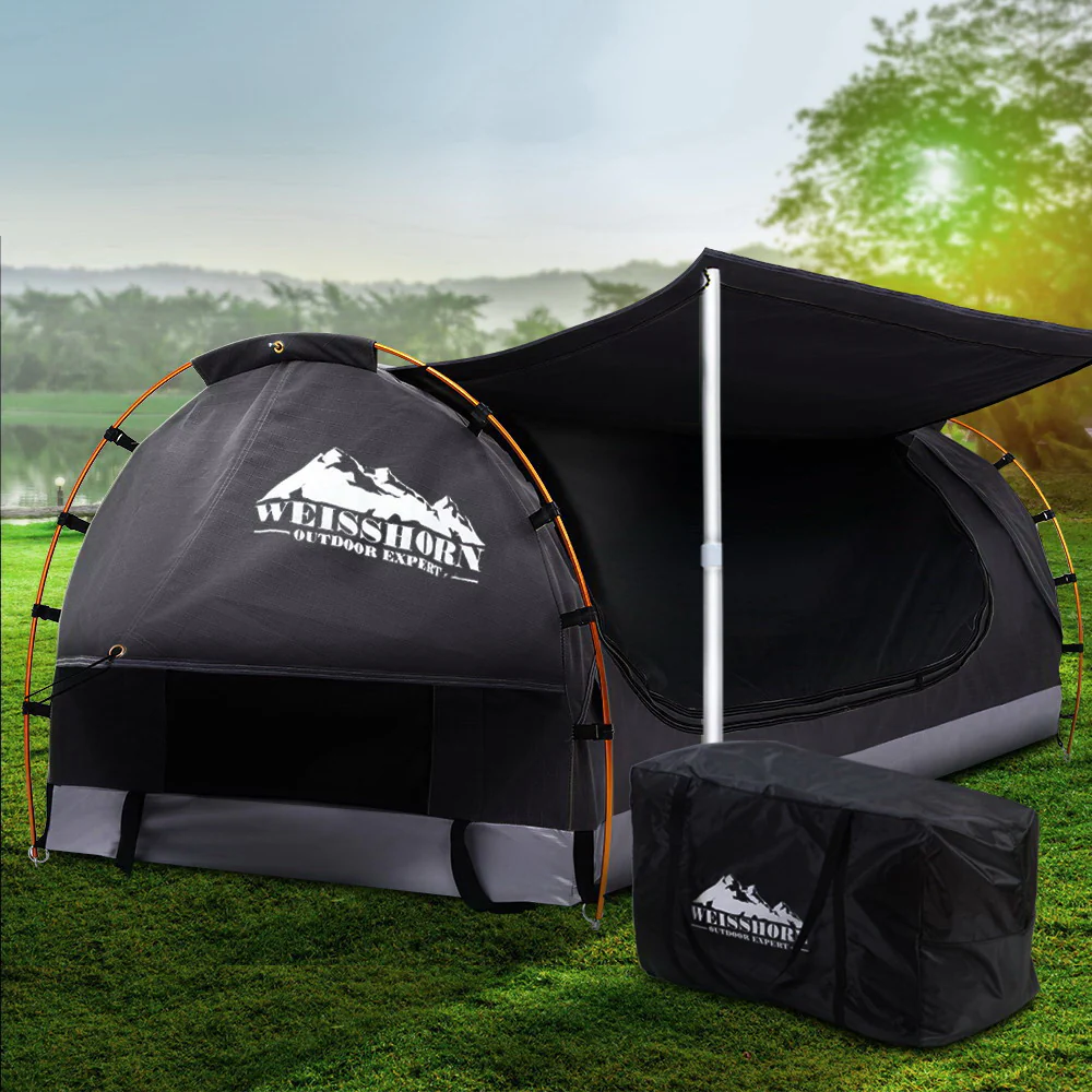Double Swag Camping Swags Canvas Free Standing Dome Tent Dark Grey - Nurns