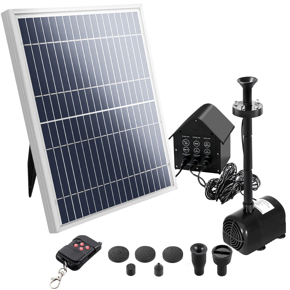 Solar Pond Pump with Battery Powered Submersible Kit LED Light & Remote 8.8 FT - Nurns