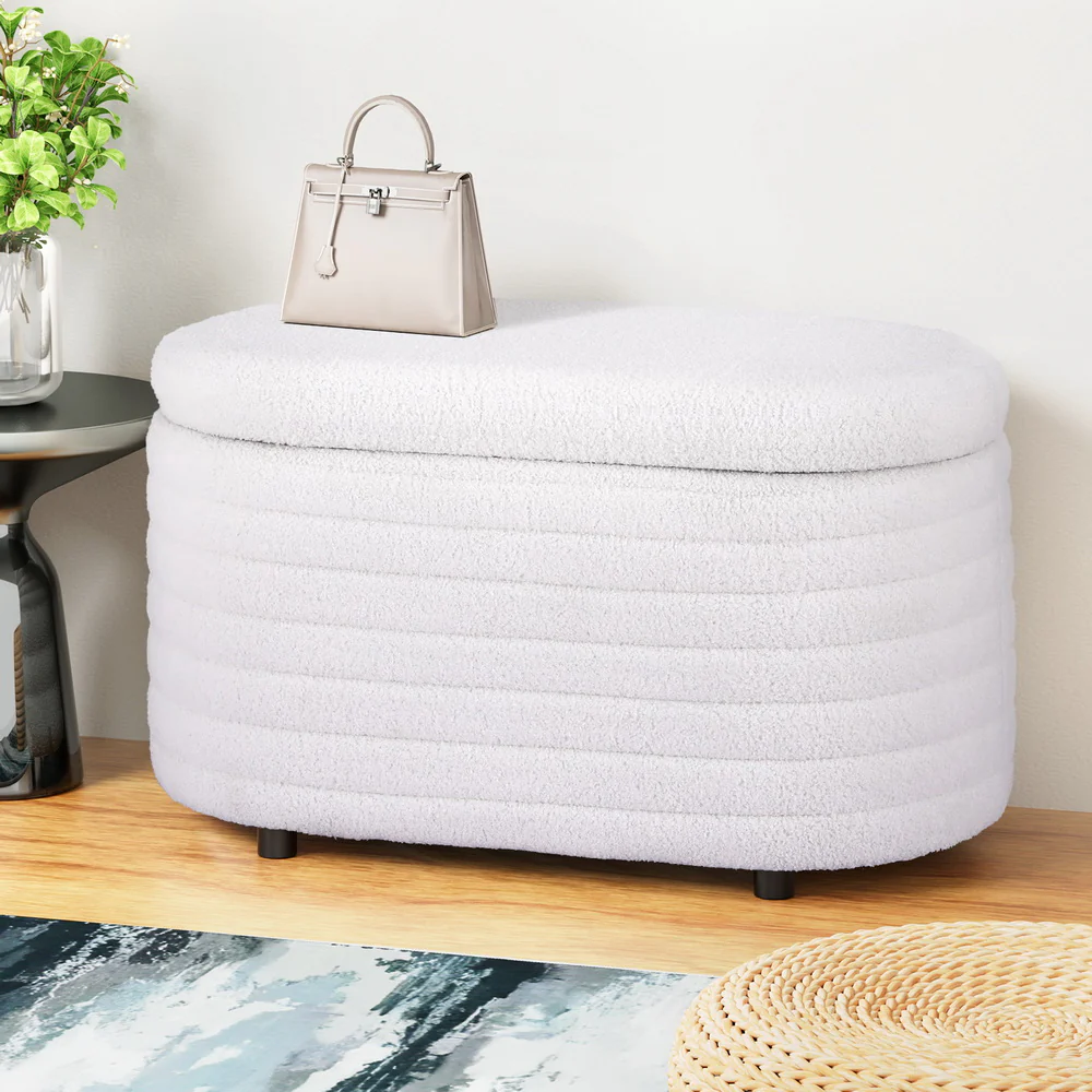 Storage Ottoman Blanket Box 87cm Bouclé Fabric Oval - White - Nurns