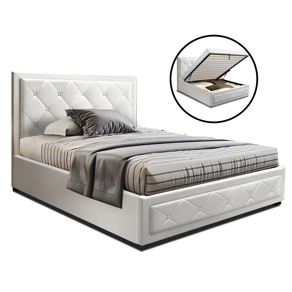 Savannah Bed Frame PU Leather Gas Lift Storage - White King Single - Nurns