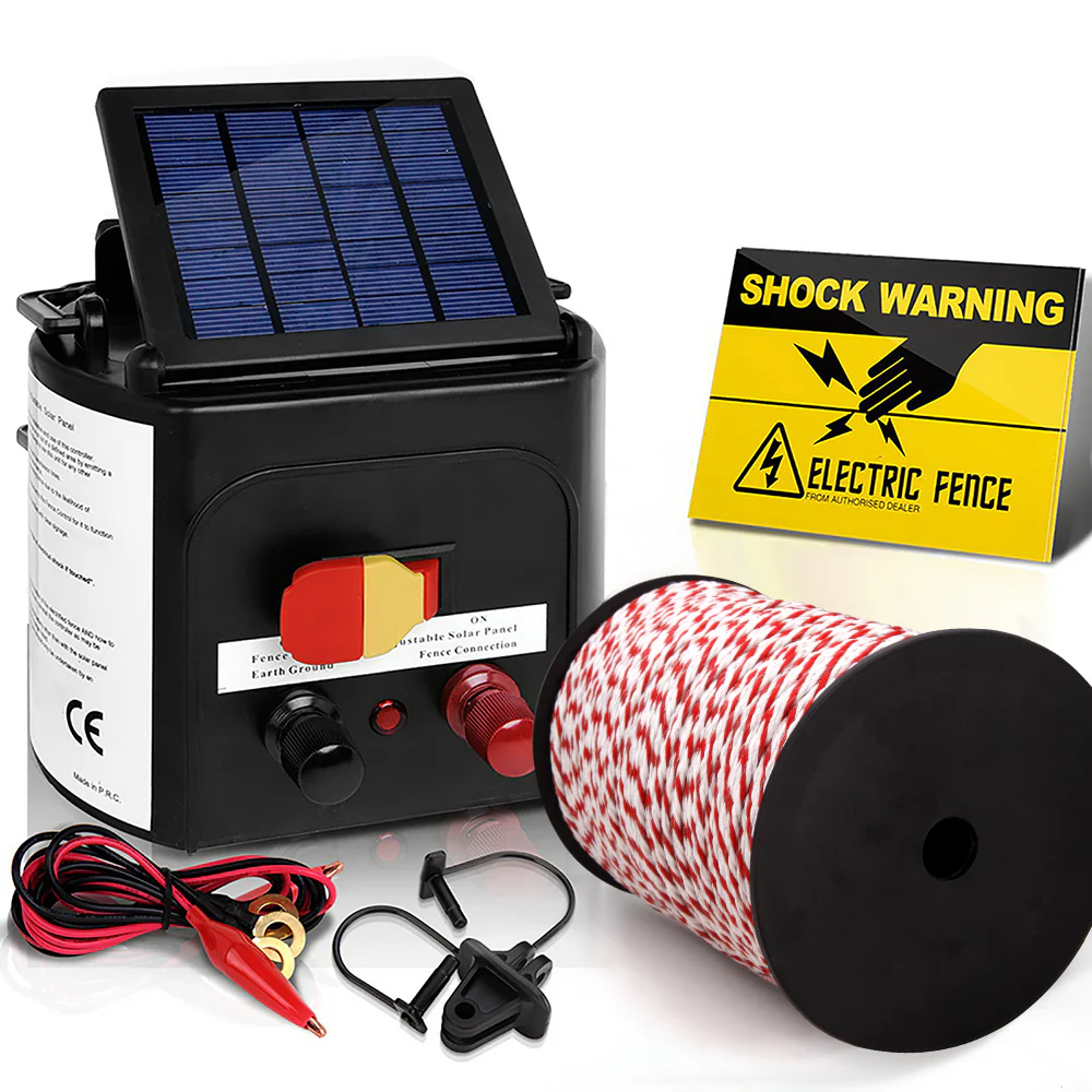 Electric Fence Energiser 5km Solar Powered Charger + 500m Rope - Nurns