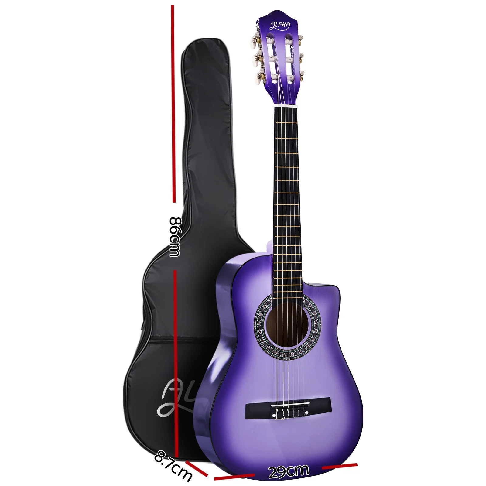 Alpha 34 Inch Classical Guitar Wooden Body Nylon String w/ Stand Beginner Purple - Nurns
