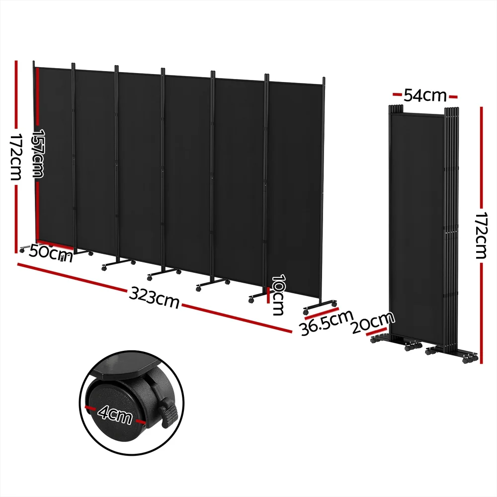 6 Panel Room Divider Screen 323cm Wheel Fabric - Black - Nurns
