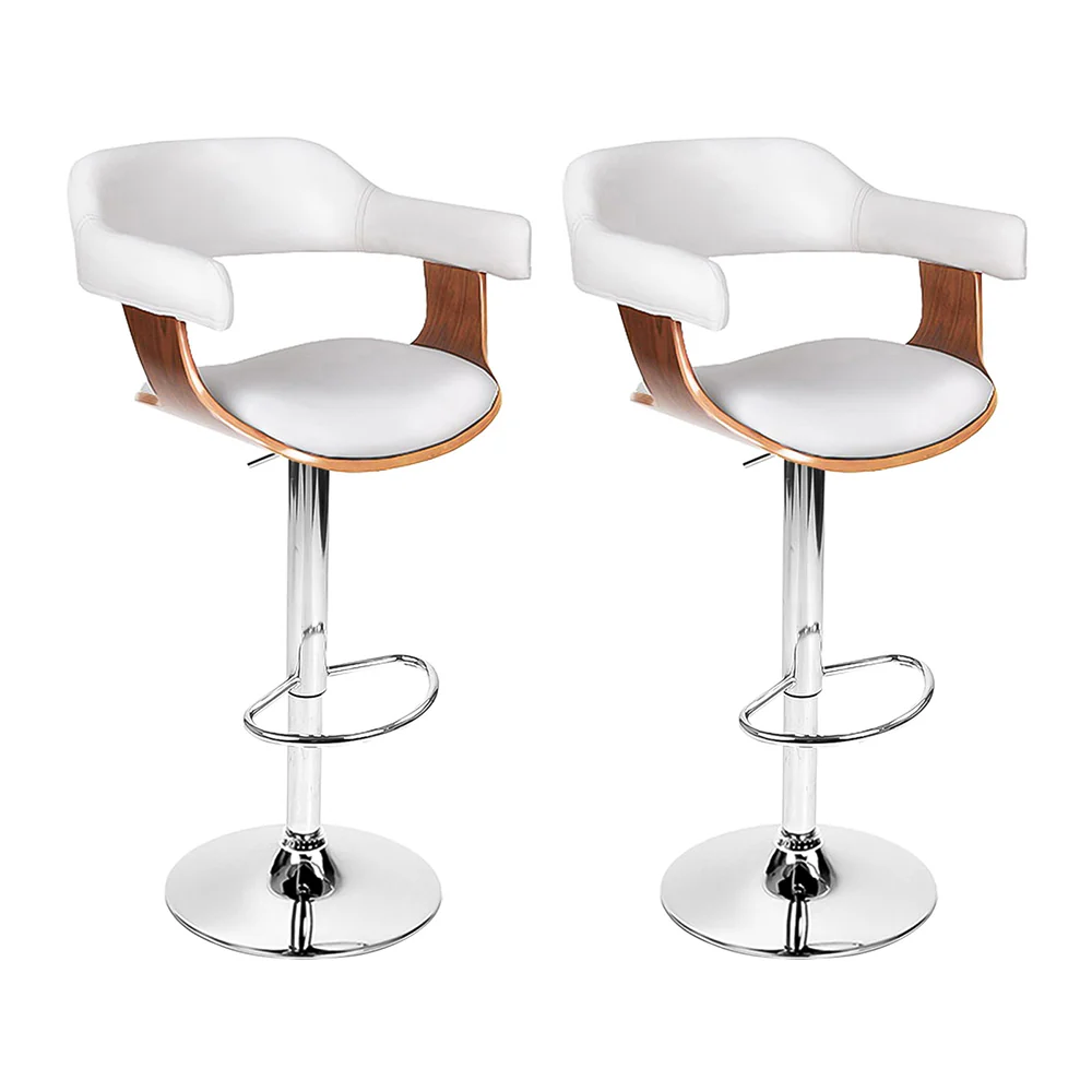 Set of 2 Chalcis Wooden PU Leather Bar Stool - White & Wood - Nurns