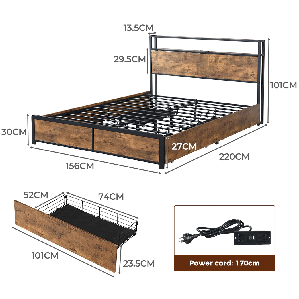 Maylen LED Bed Frame with 4 Drawers and USB Charger - Brown Queen - Nurns