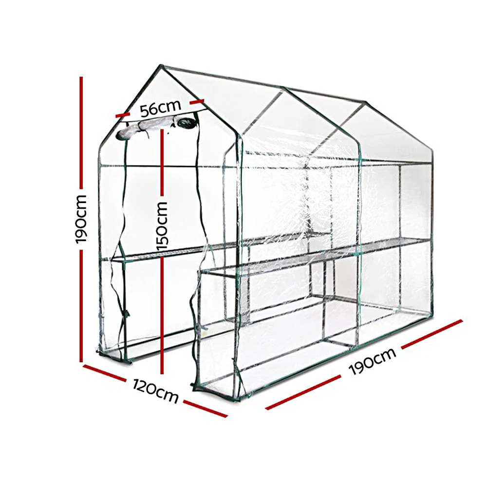 Greenfingers Greenhouse 1.2x1.9x1.9M Walk in Green House Tunnel Clear Garden Shed 4 Shelves - Nurns