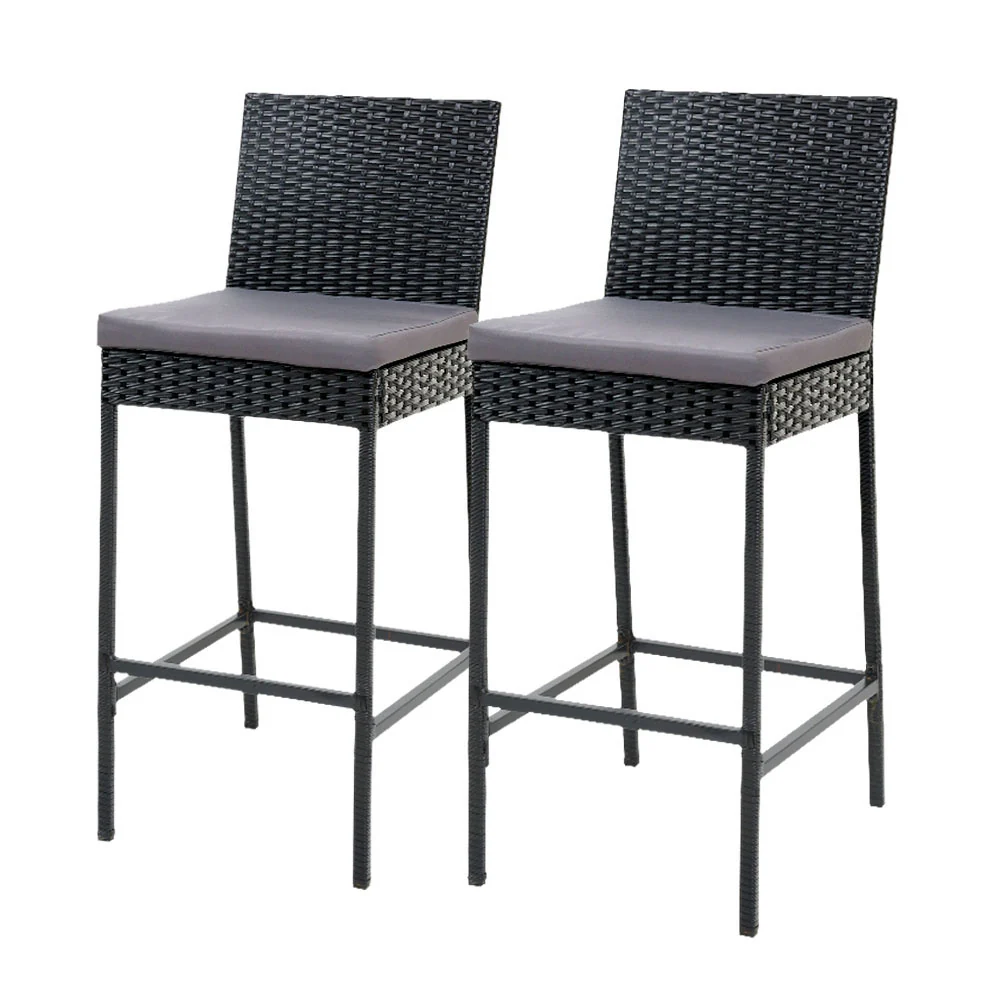 Ralph Set of 2 Outdoor Bar Stools Dining Chairs Wicker Furniture - Black - Nurns