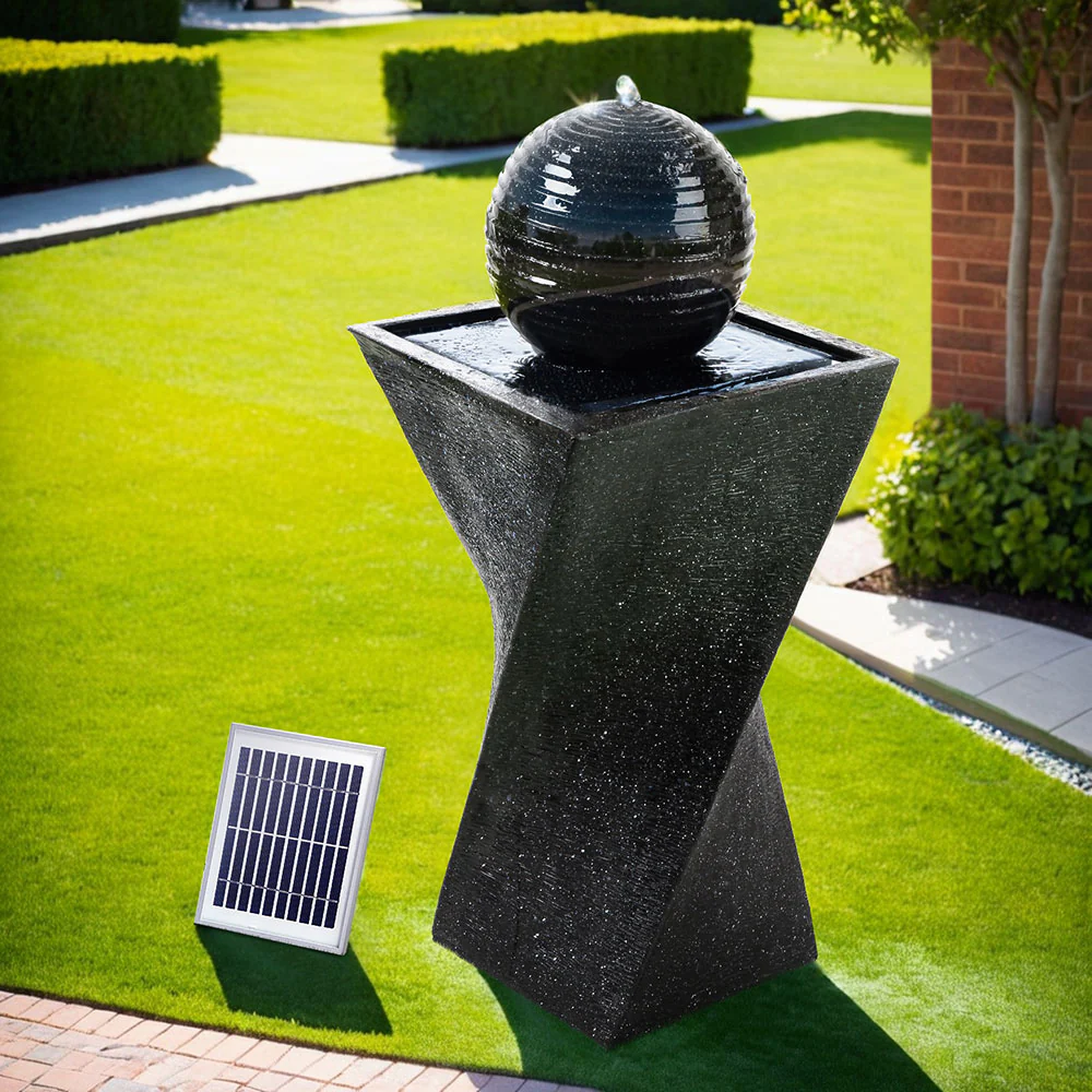 Solar Water Feature Twisted Fountain LED Light Bird Bath 85cm - Black - Nurns