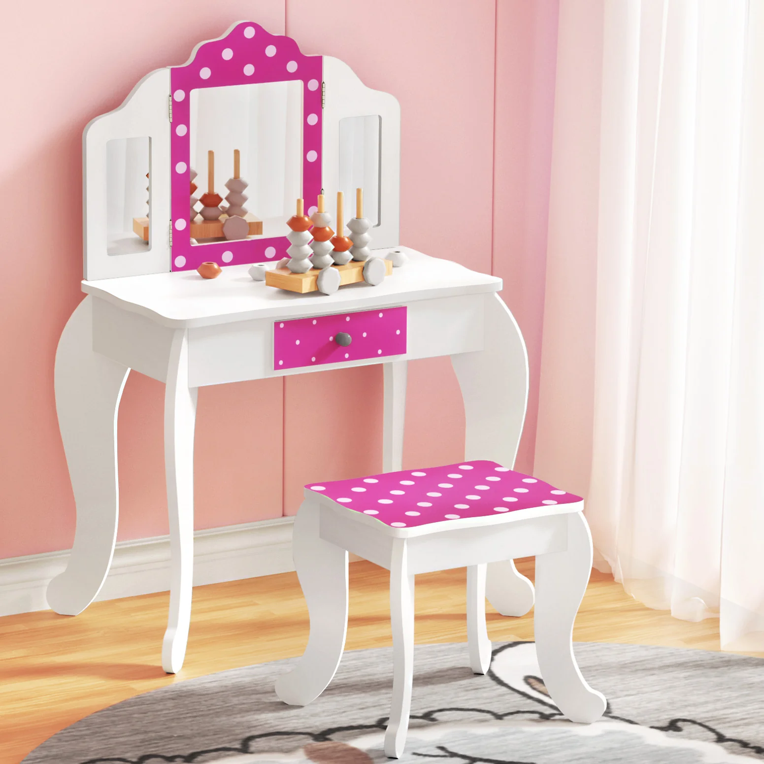 Kids Dressing Table Vanity Makeup Chair Set Wooden 3 Mirror Drawer - Pink - Nurns