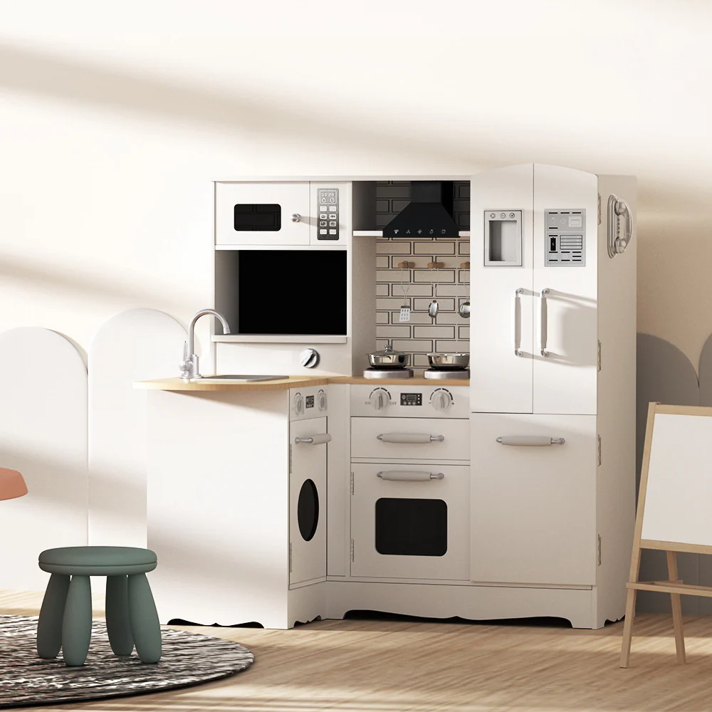 Kids Kitchen with Fridge Set Pretend Play Wooden Toys Cooking Cookware Childrens Toy - Nurns