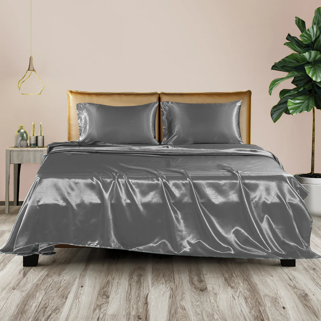 King Dreamz Silky Satin Sheets Fitted Grey Dark Grey - Nurns