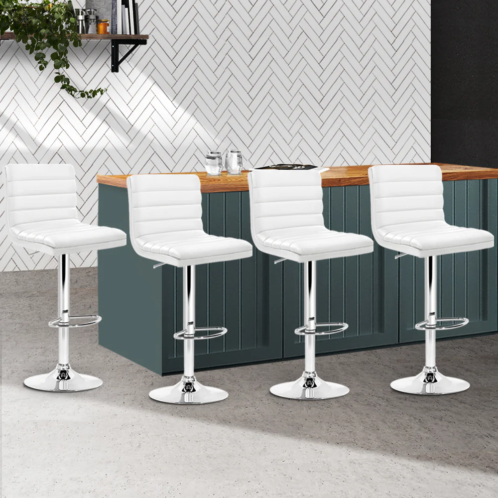 Set of 4 Bergamo PU Leather Lined Pattern Bar Stools - White & Chrome - Nurns