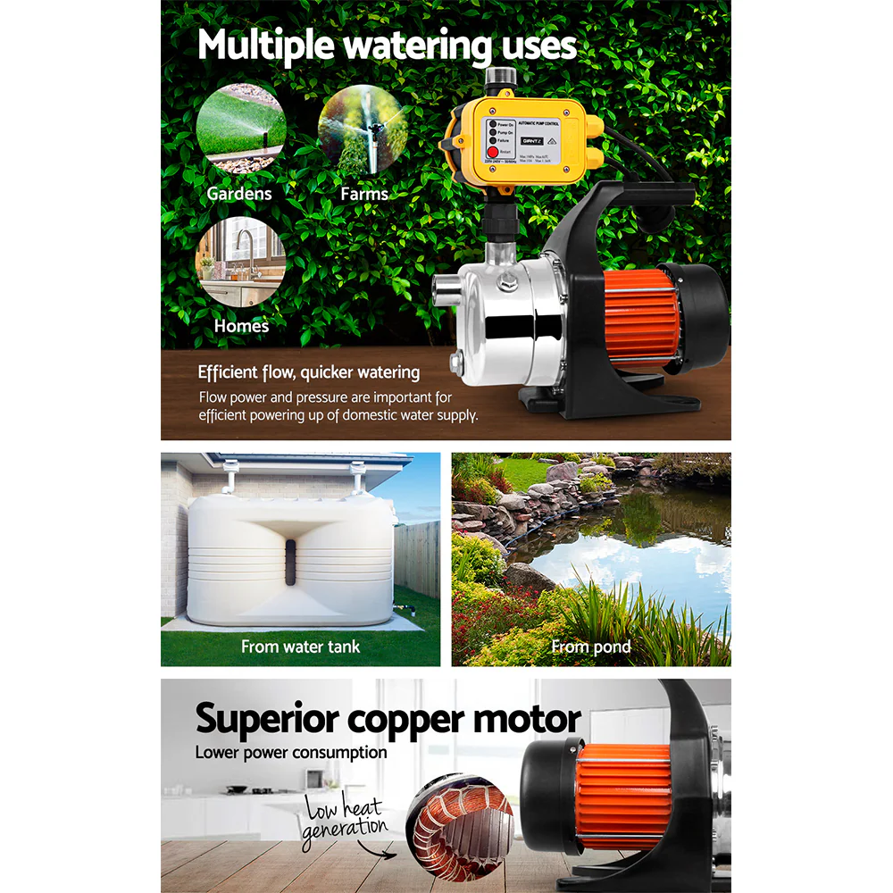 Garden Water Jet Pump High Pressure 800W Tank Rain Farm Irrigation Yellow - Nurns