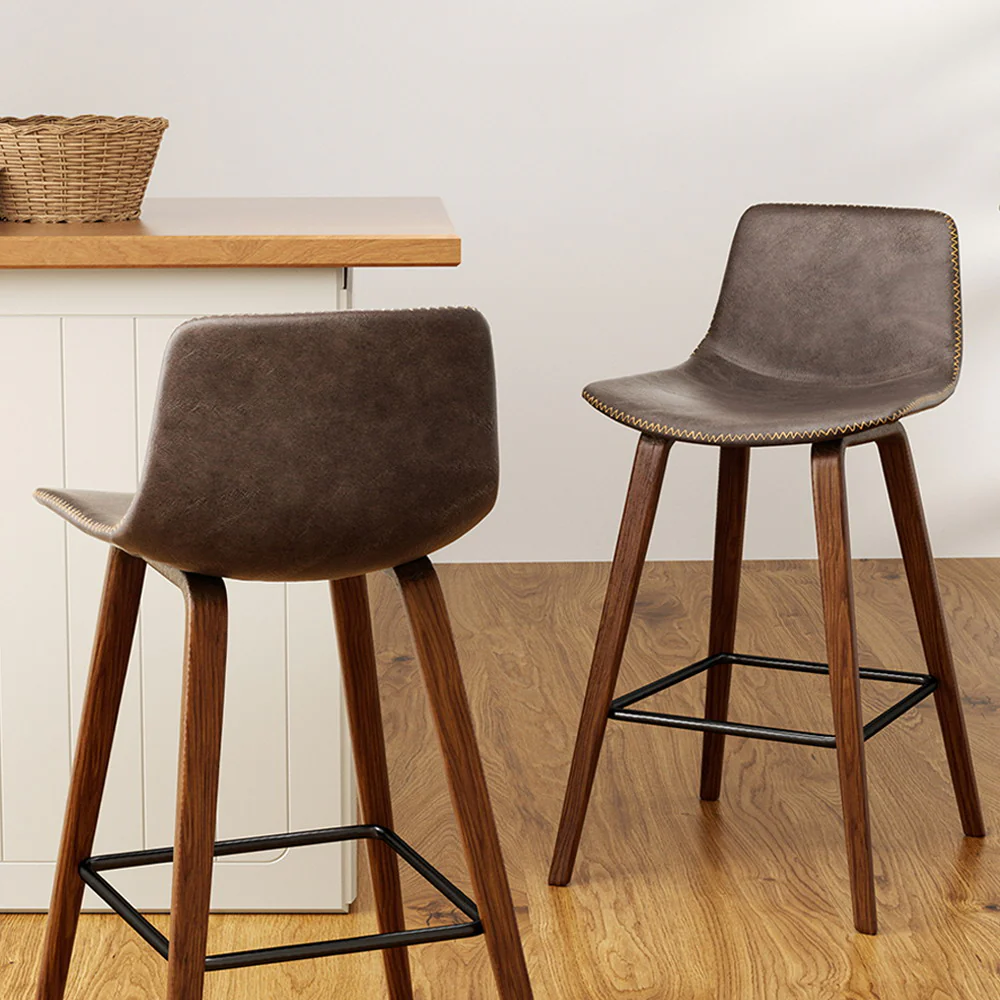 Set of 2 Lugano PU Leather Bar Stools Square Footrest - Wood & Brown - Nurns