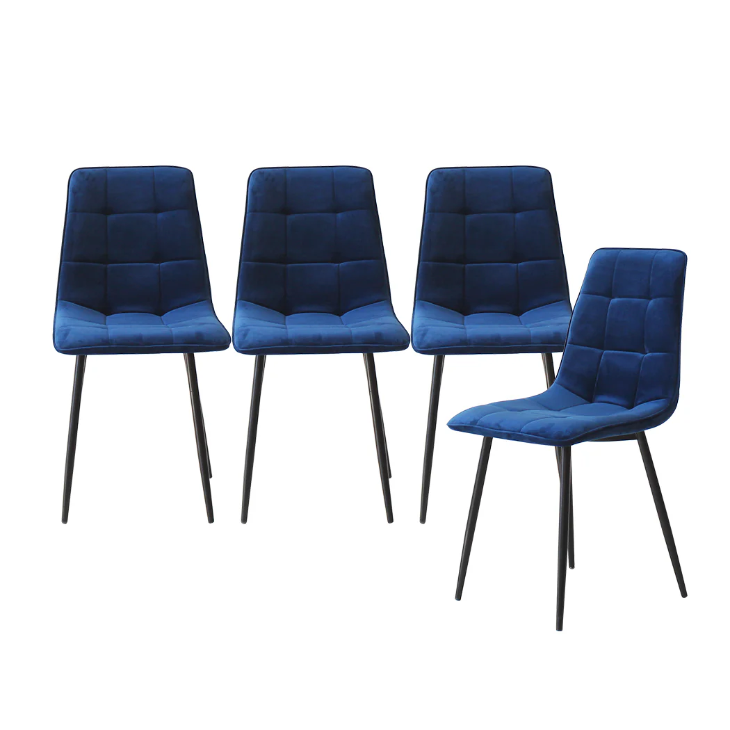 Spencer Set of 4 Dining Chairs Kitchen Table Lounge Room Retro Padded Seat Velvet - Blue - Nurns