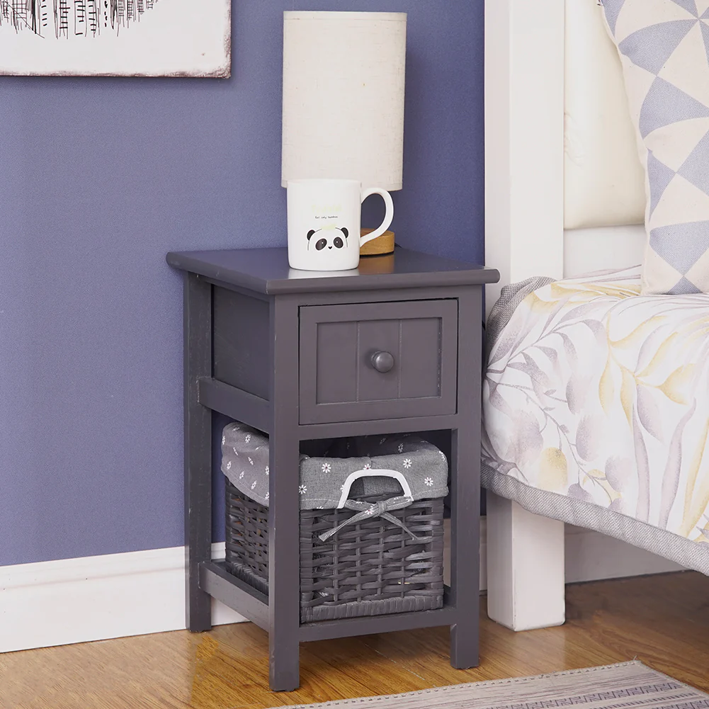 Belleville Wooden Bedside Tables with Wicker Basket - Grey - Nurns