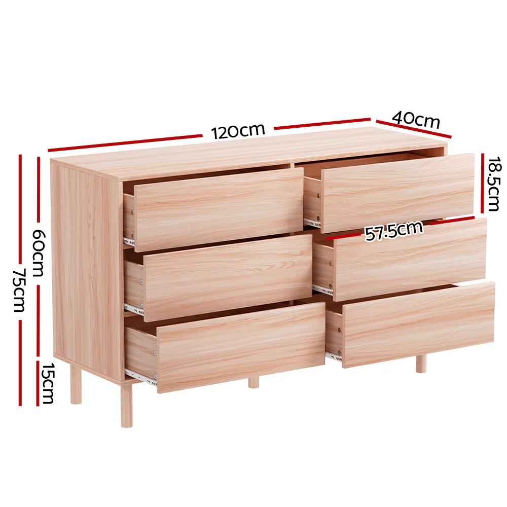 Artiss 6 Chest of Drawers Cabinet Dresser Table Tallboy Storage Bedroom Pine - Nurns