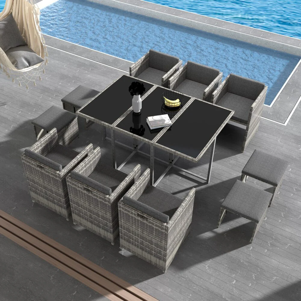 Drew 10-Seater Outdoor Furniture Setting 11-Piece Dining Set - Grey - Nurns