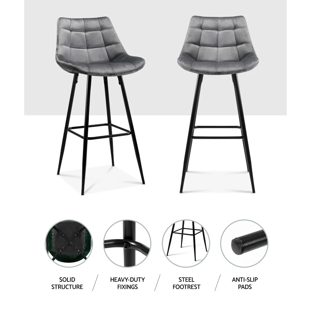 Set of 2 Loures Velvet Bar Stools - Grey - Nurns