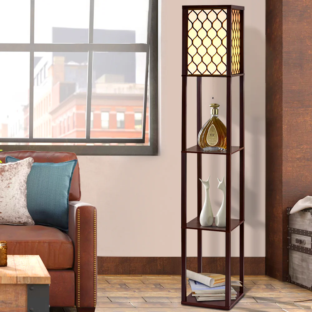 Floor Lamp 3 Tier Shelf Storage LED Light Stand Home Room Pattern - Brown - Nurns