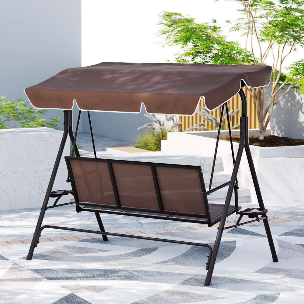 Astride Outdoor Swing Chair Garden Chair Canopy Cup Holder 3 Seater - Brown - Nurns