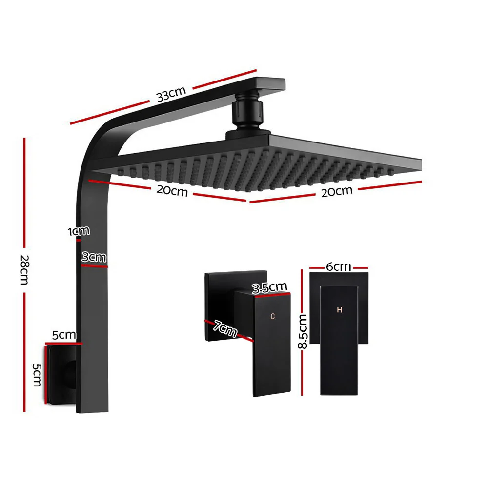8'' Rain Shower Head Wall Arm Square High Pressure Twins Tap Black - Nurns