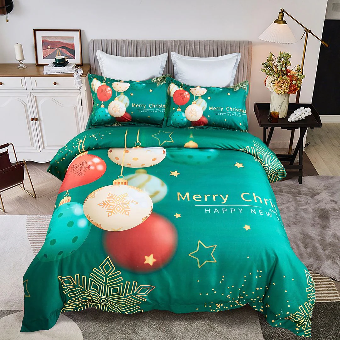 QUEEN 3-Piece Christmas Quilt Duvet Cover Set - Green - Nurns