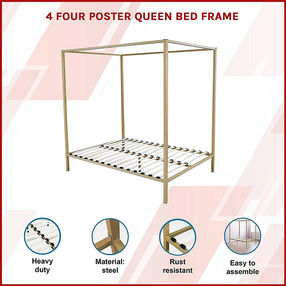 Lilian Four Poster Bed Frame - Gold Queen - Nurns