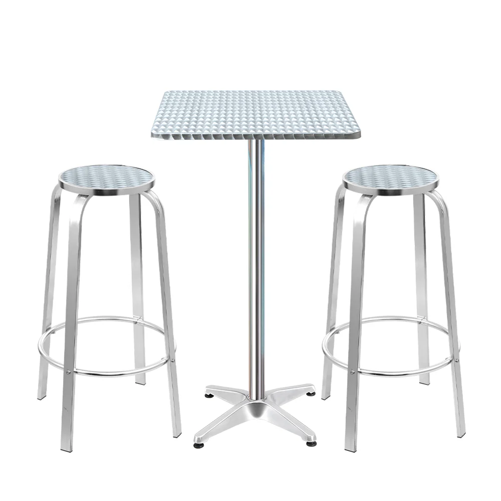 Xander 2-Seater Bar Table Stools Adjustable Aluminium Cafe Square 3-Piece Outdoor Bistro Set - Silver - Nurns
