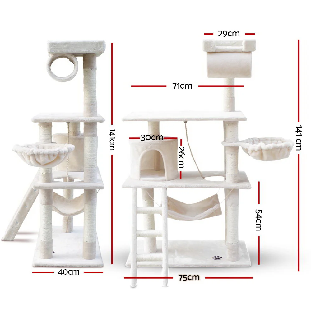 Cat Tree 141cm Trees Scratching Post Scratcher Tower Condo House Furniture Wood - Beige - Nurns
