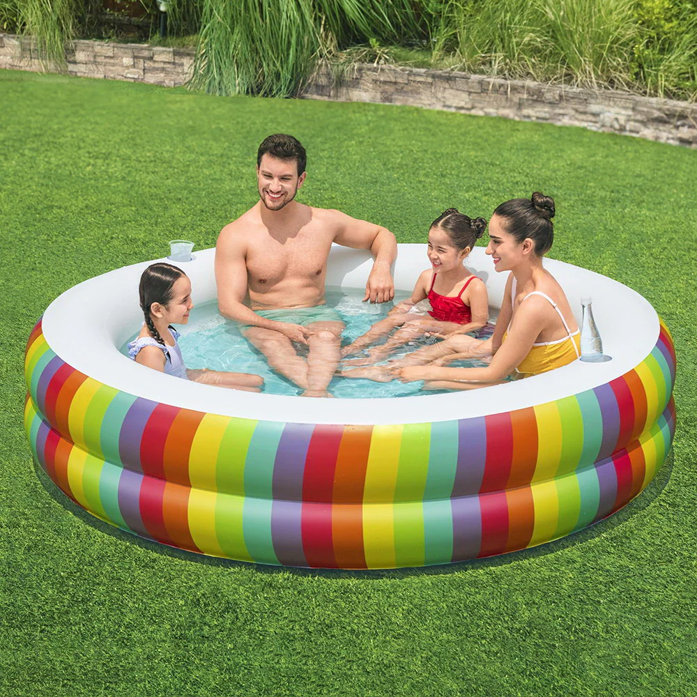Bestway Kids Inflatable Round Pool Above Ground Cup Holder Rainbow 206x206x51cm - Nurns