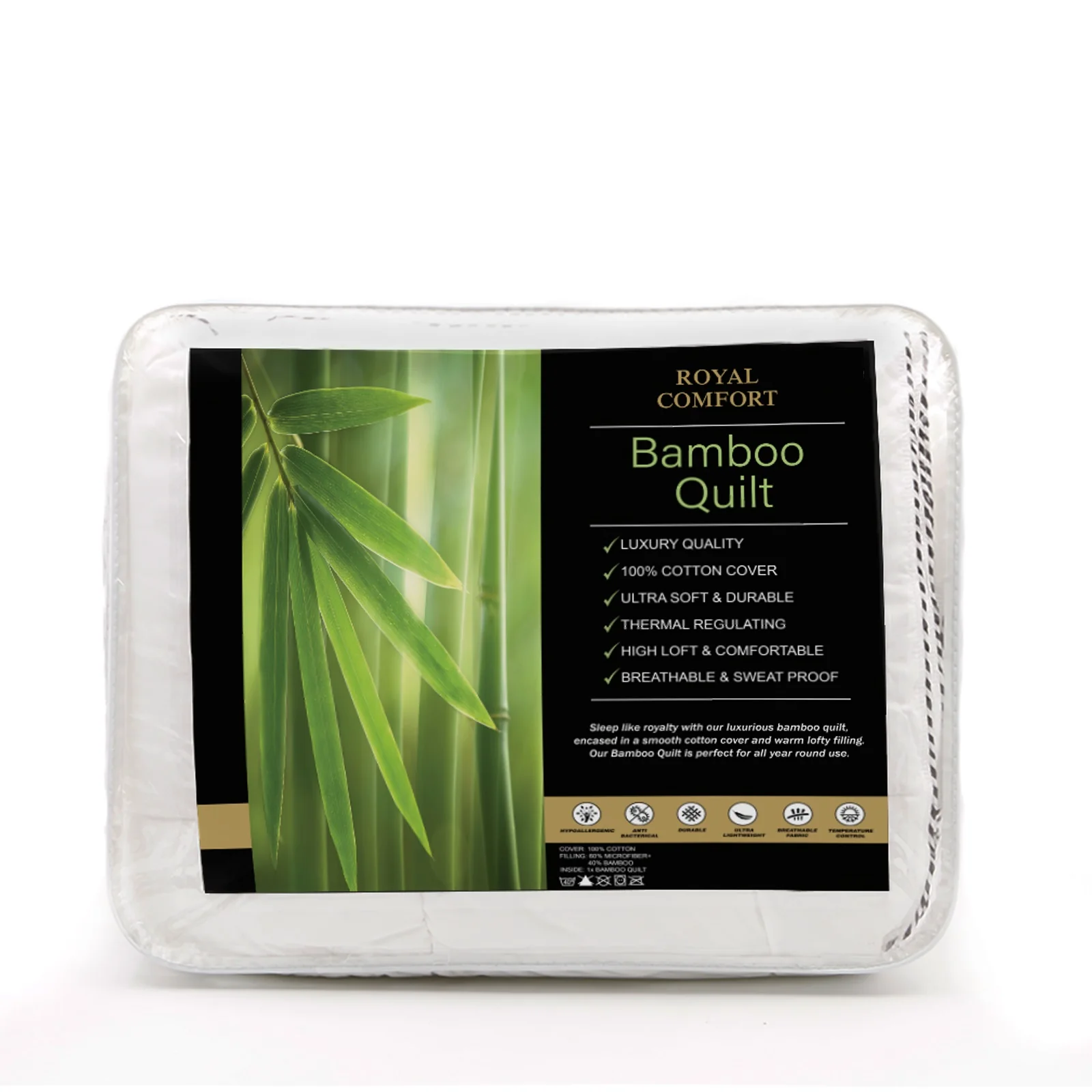 Queen Royal Comfort Bamboo Blend Quilt 250GSM Luxury Duvet 100% Cotton Cover - White - Nurns