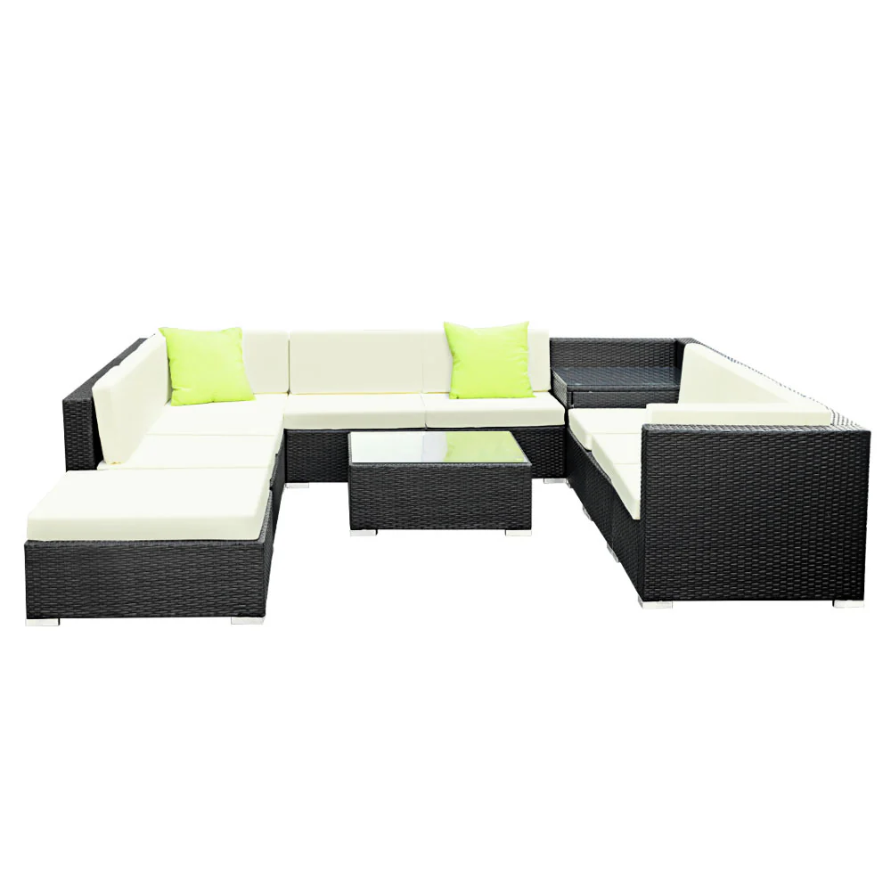 Chester 8-Seater Outdoor Set Furniture Wicker 9-Piece Sofa with Storage Cover - Black - Nurns