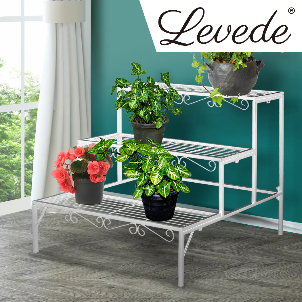 Levede 3 Tier Rectangle Metal Plant Stand Flower Pot Planter Corner Shelf White - Nurns