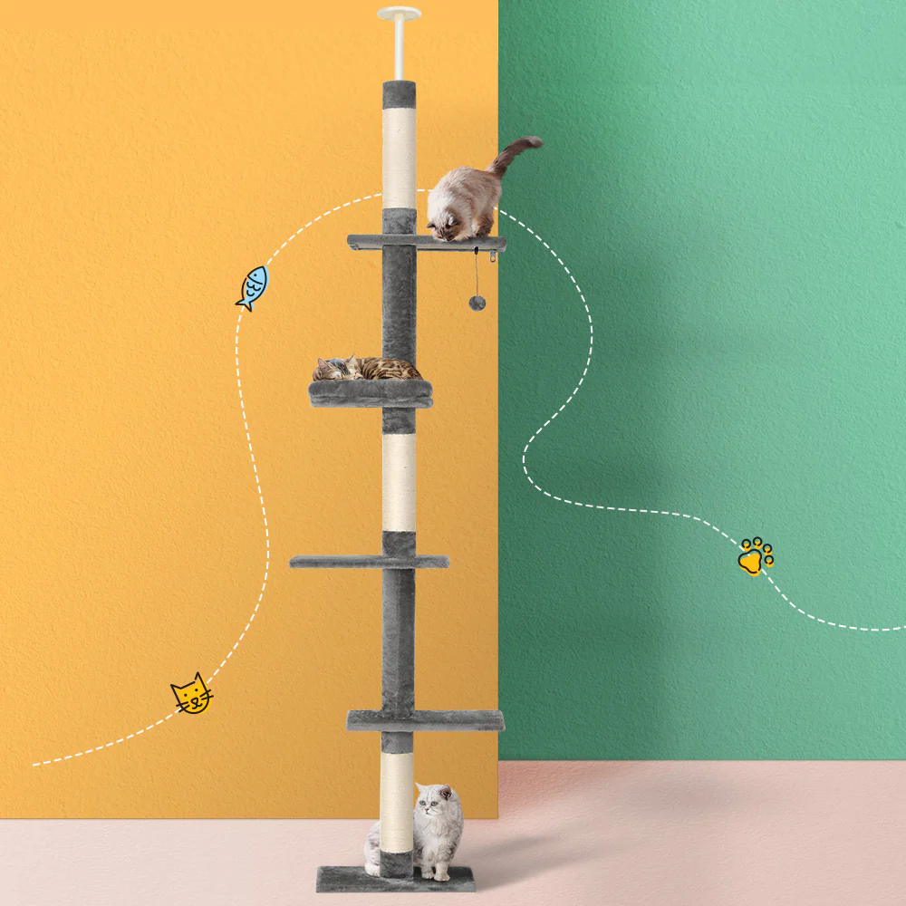 Cat Tree 290cm Tower Scratching Post Scratcher Floor to Ceiling Cats Bed - Grey & White - Nurns