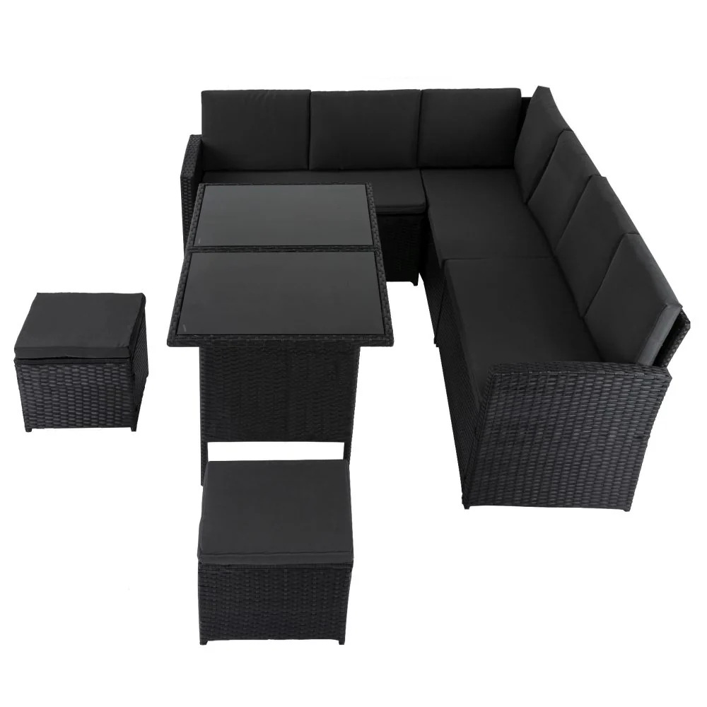 Jules 8-Seater Modular Garden Lounge with Table and Stools 6-Piece Dining Set - Black - Nurns