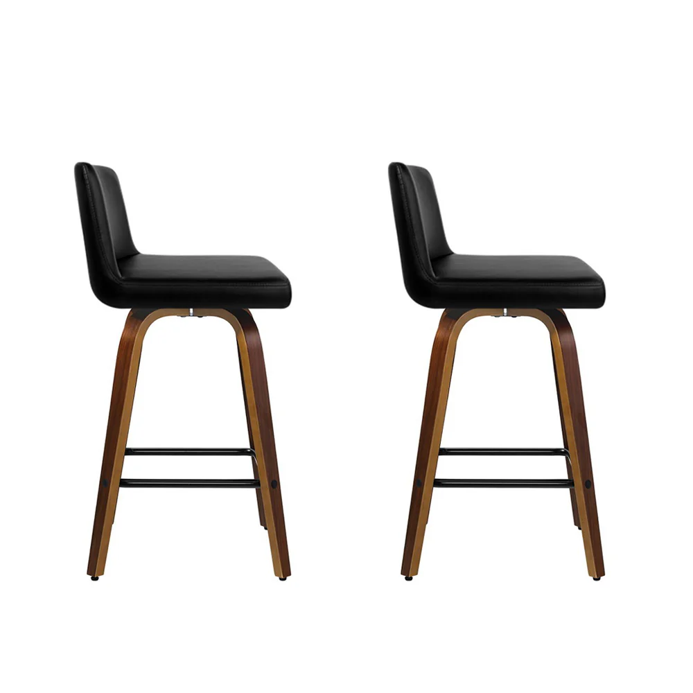 Set of 2 Florina Wooden PU Leather Bar Stool Wood Legs - Black & Brown - Nurns