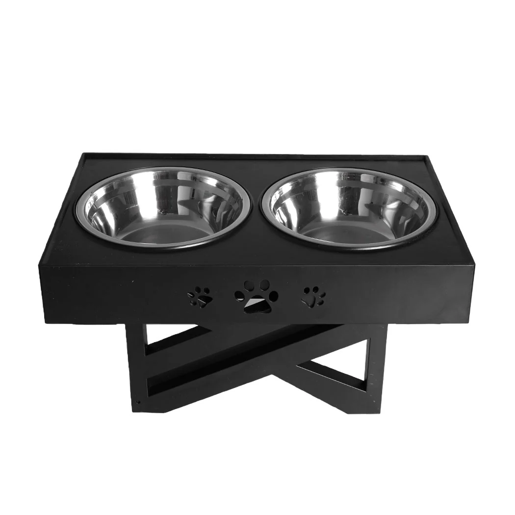 Elevated Pet Feeder Food Water Double Bowl Adjustable Height Raised Stand - Black - Nurns
