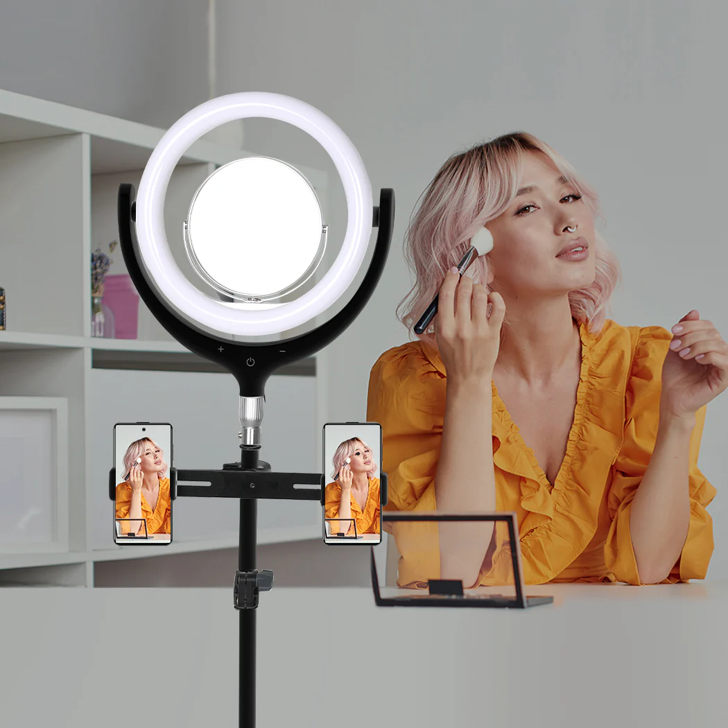 LED Ring Light with Tripod Stand Phone Holder Dimmable Studio Lamp Makeup Mirror Black - Nurns