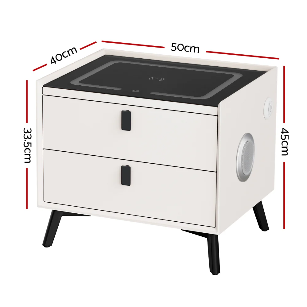 Brooks LED Bedside Tables Smart with Wireless Charging Ports with 2 Drawers - White - Nurns