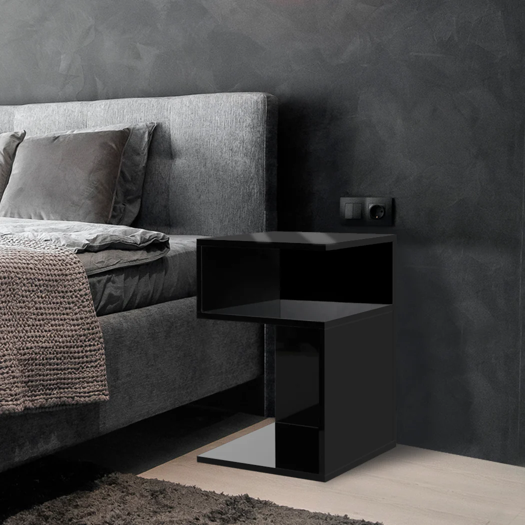Dawson Wooden High Gloss Bedside Tables Wood Nightstand Storage Cabinet Bedroom - Black - Nurns