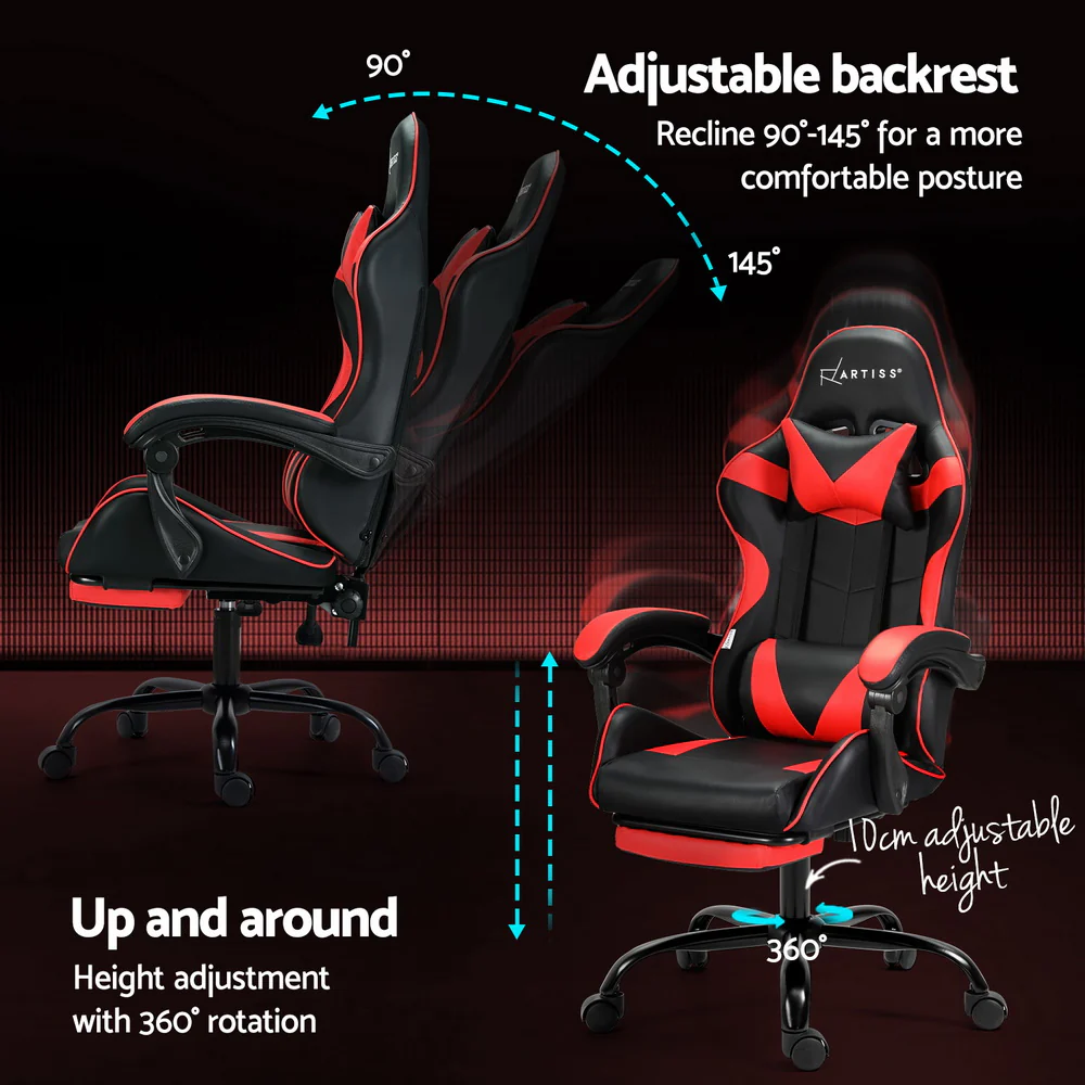 Artiss 2 Point Massage Gaming Office Chair Footrest Red - Nurns