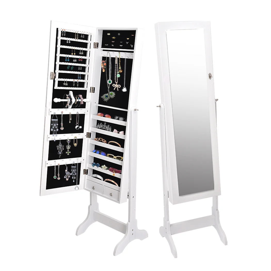 Mirror Jewellery Standing Cabinet Makeup Storage Jewelry Organiser Box - White - Nurns