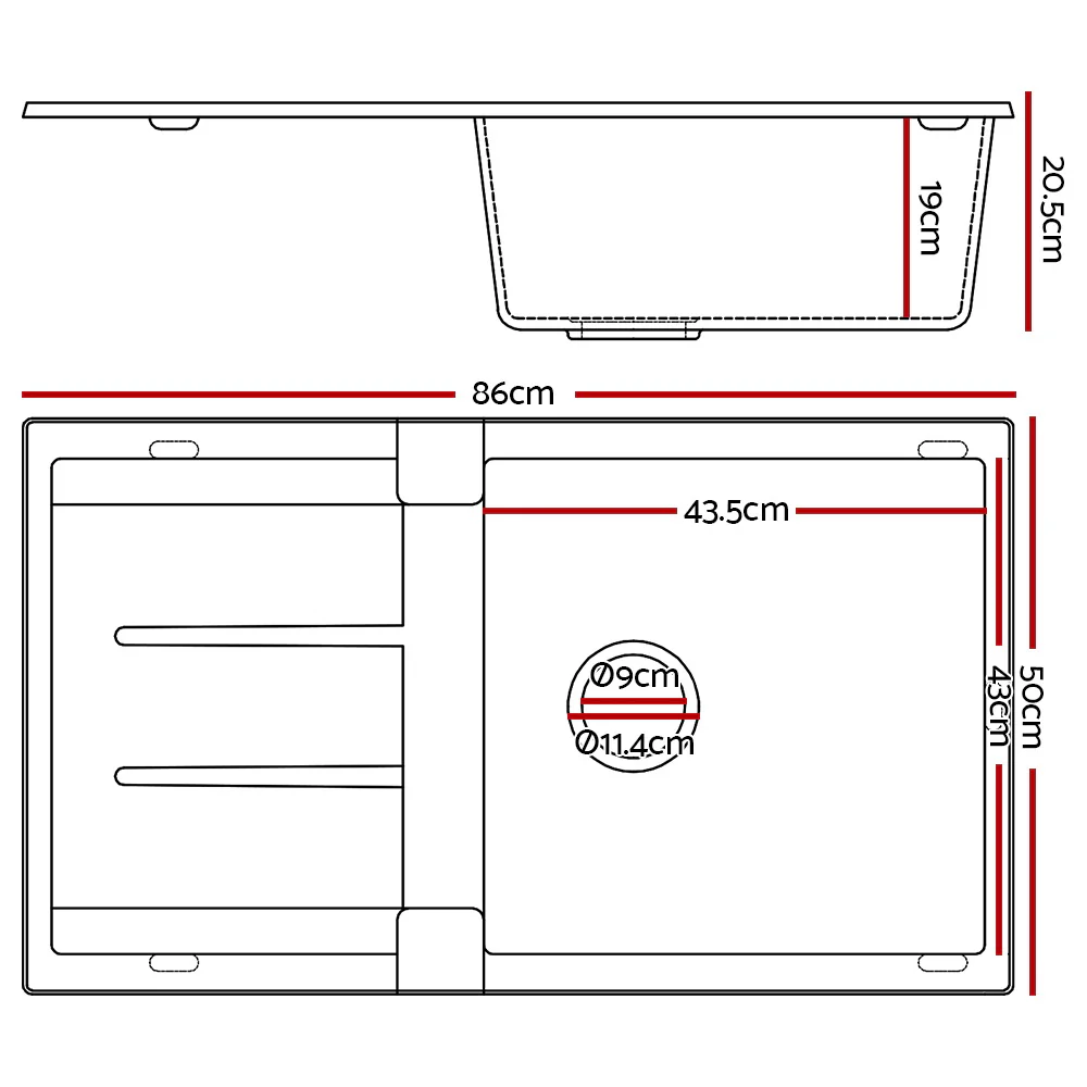 Stone Kitchen Sink 860X500MM Granite Under/Topmount Basin Bowl Laundry Black - Nurns
