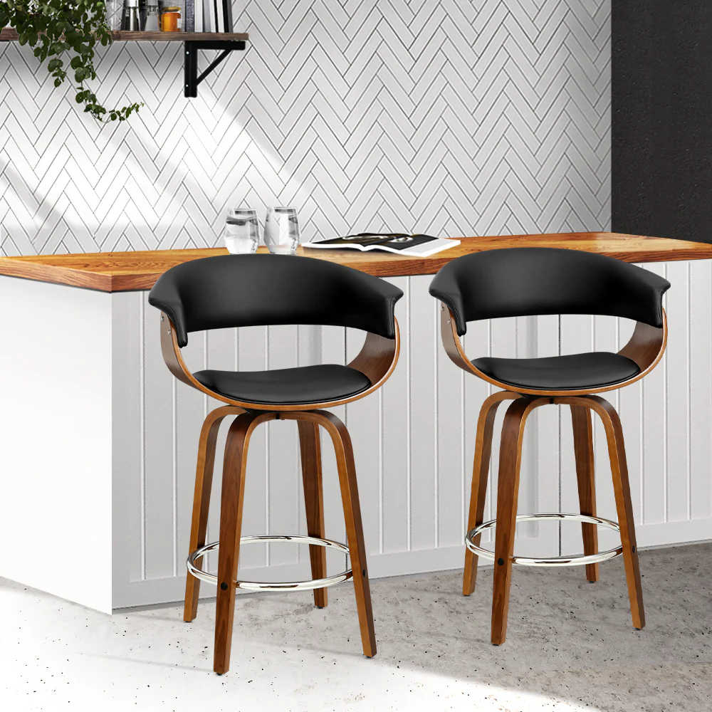 Set of 2 Edessa Swivel PU Leather Bar Stool - Wood & Black - Nurns