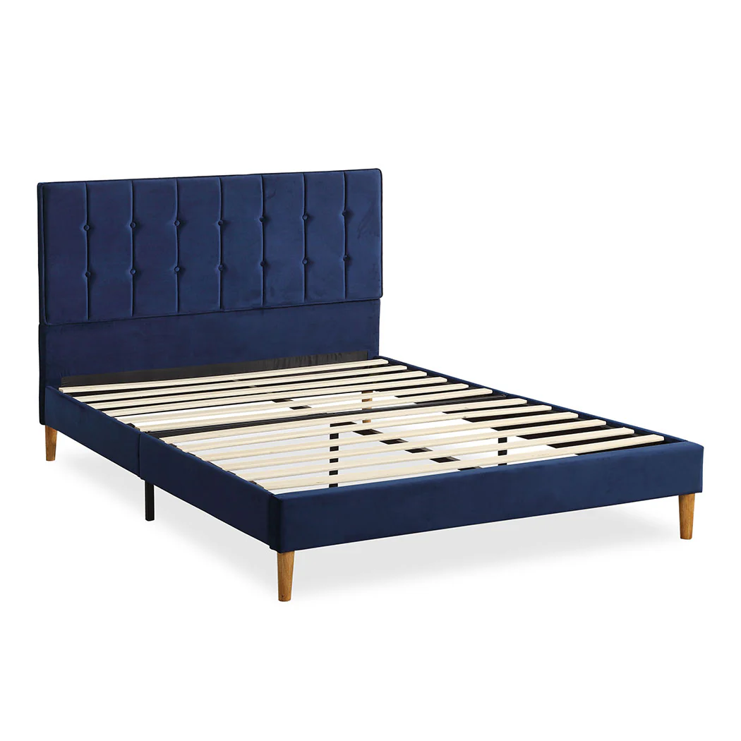 Venlo Bed Frame Base Platform Wooden Velvet with Headboard Blue - Queen - Nurns
